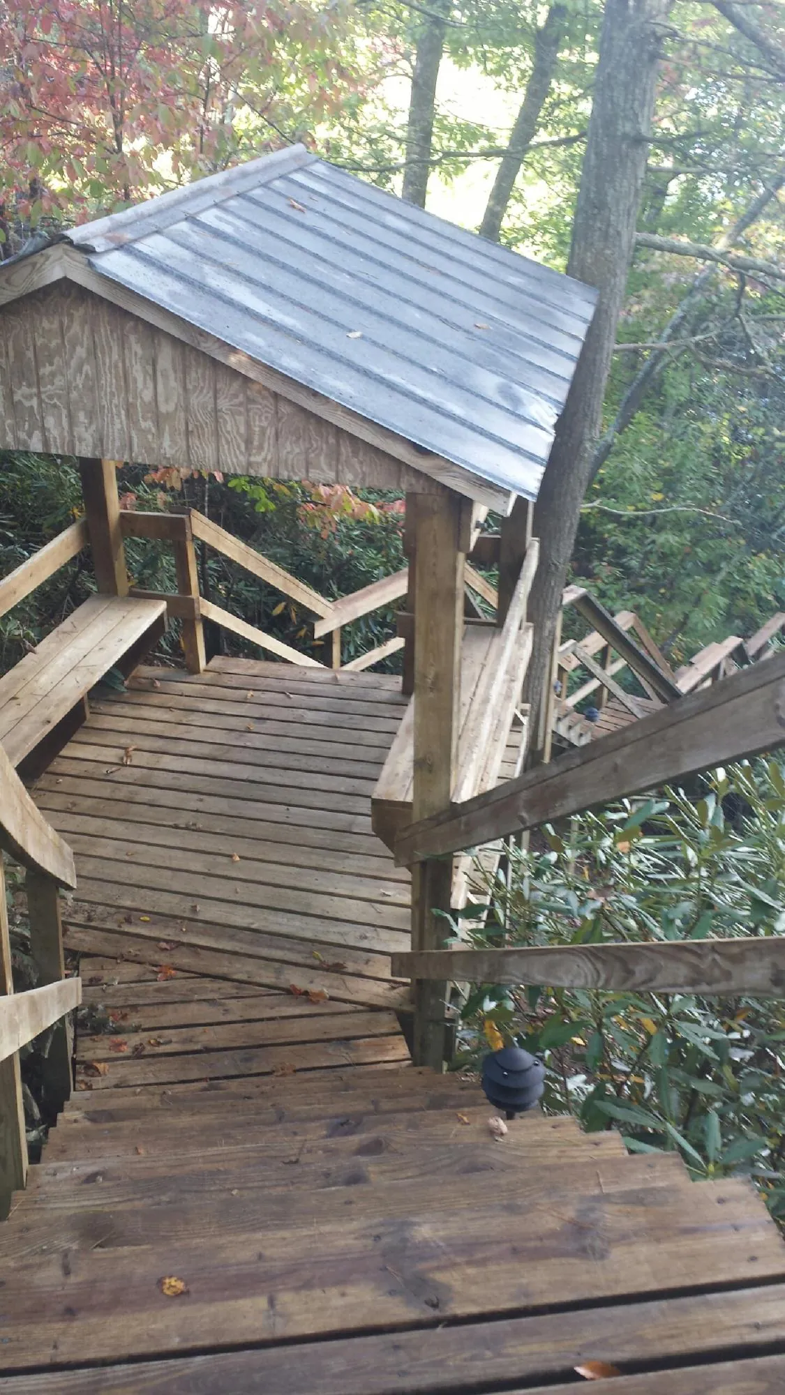 Metal roofed shelter over wooden steps on a wooded walkway — Skylight Repair & Installation work by our crew in Ludington
